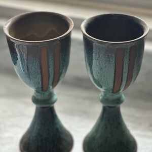 Vintage Ceramic Goblets with Green and Brown Glaze